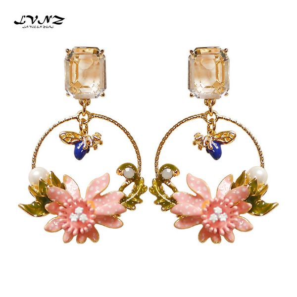 

lvnz 2019 new fashion 925 needle bee beautiful flower drop glaze cubic zirconia drop earrings for women enamel jewelry 7063c, Silver