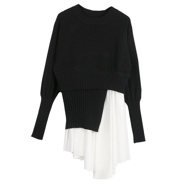 

ruffle black sweater knitted pullover o-neck mesh white patchwork long sleeve women korean elegant cotton sweater jumper, White;black