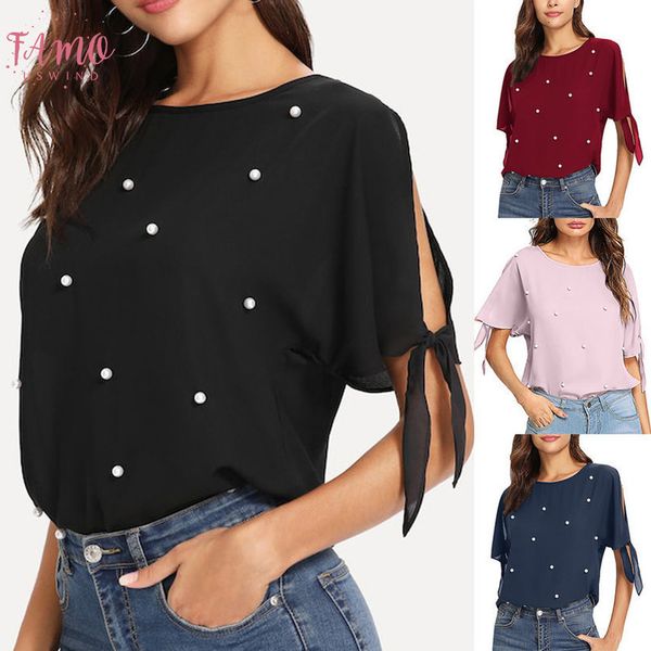 

2020 women blouse summer casual loose women casual short sleeve pearl beaded slit knot cuff bandage o neck shirt, White