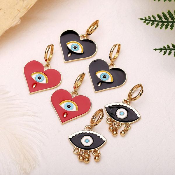 

2020 vintage dripping black red evil eye tears pattern heart shape short tassel drop earrings for women female bohemian earring, Silver