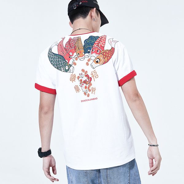 

2020 tide brand t-shirt chinese style carp print round neck cotton men's short-sleeved t-shirt summer new, White;black