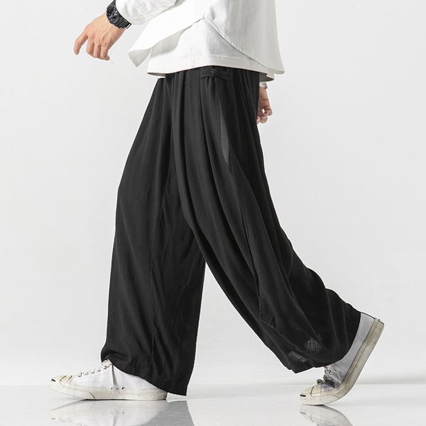 

men wide leg harem pants autumn winter side slit splice casual pants male streetwear hip hop loose trousers kongfu skirt pant, Black