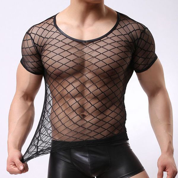 

night club men short sleeve mesh t-shirt see-through slim fit openwork top, White;black