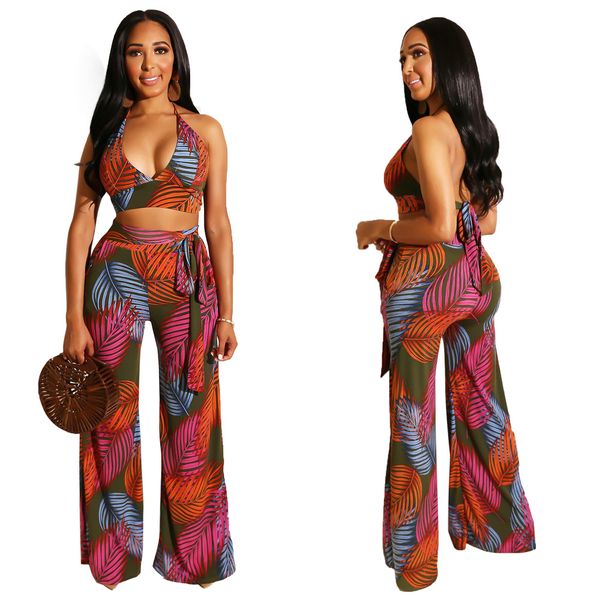 

fashion women's printed hanging neck wide-leg pants two-piece, White