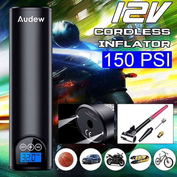 

audew 12v 150psi cordless handheld inflatable air pump lcd digital rechargeable car tyre inflator for auto emergency motorcycle