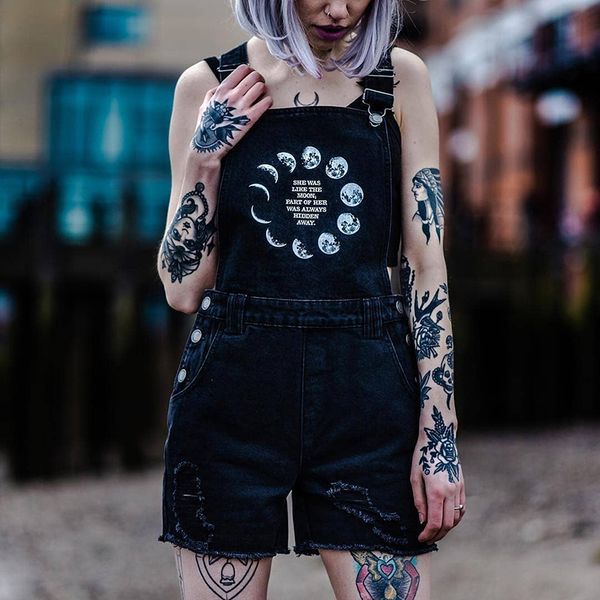 

summer denim shorts women rompers pocket loose jeans overall casual playsuits gothic shorts moon printed black female jumpsuits, Black;white