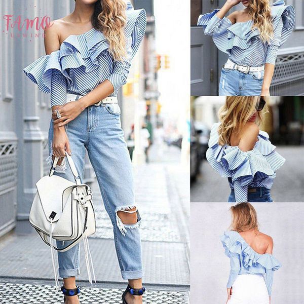 

elegant stylish off the shoulder blouse 2020 women regular new trendy two layers blue striped ruffles summer casual shirt plus size xl, White