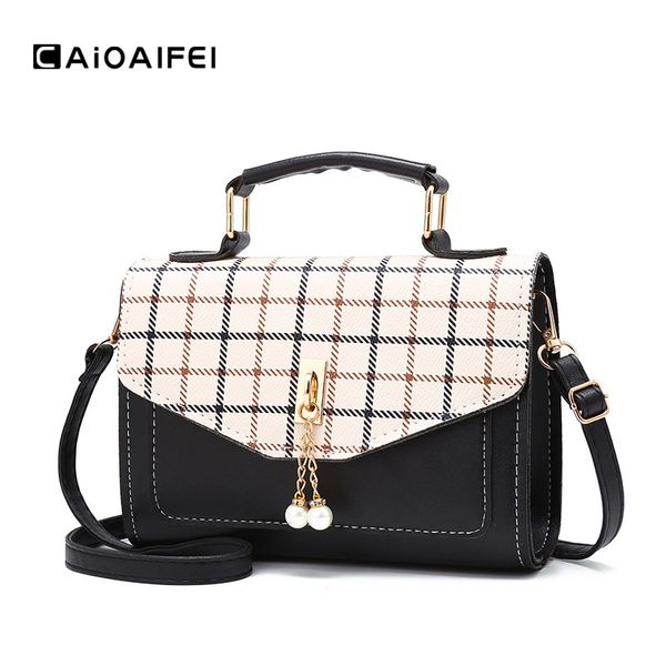 

caioaifei new fashion women shoulder flap bag plaid pu leather handbags tassel female small satchel lady crossbody messenger bag