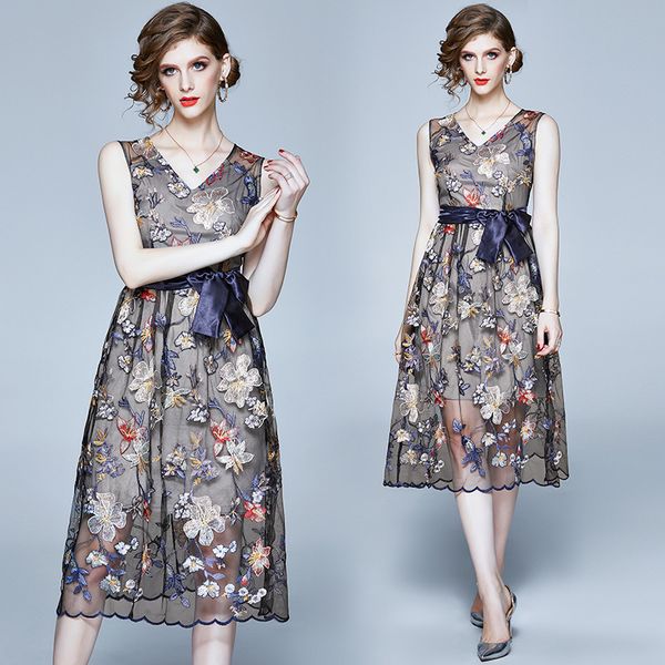 

2020 fashion women party dress sleeveless flower casual temperament embroidered belt dress blue s-xxl, White;black