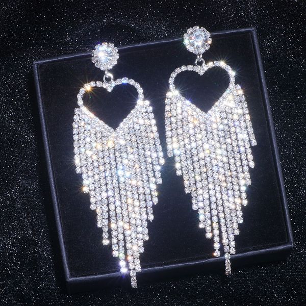 

new romantic love heart party long tassel drop earrings for women rhinestone bride wedding linear statement fringe jewelry prom, Golden