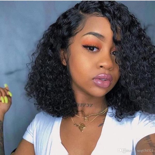 

curly bob lace front human hair wigs with pre plucked hairline virgo malaysian short human hair wigs remy hair 150% density, Black