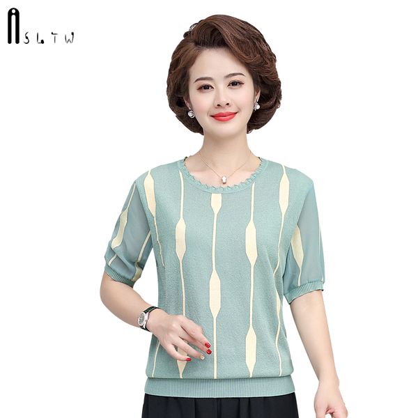 

asltw women summer t-shirt 2020 new fashion print stripe o neck t-shirts for women short sleeve thin knitted female tees top, White