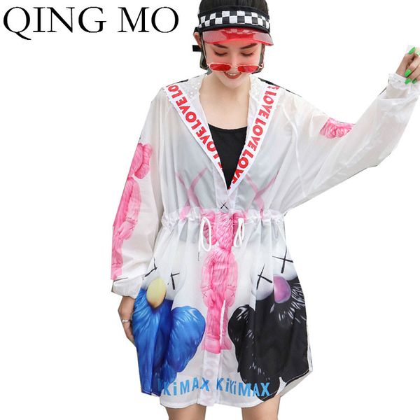 

qing mo white women hooded sun protection coat 2020 women cartoon coat with adjustable waist female summer thin zqy3808, Tan;black