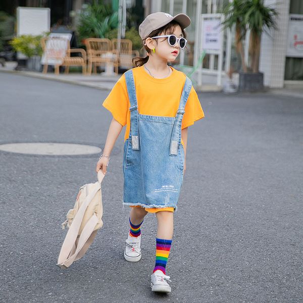 

summer girl dress casual denim stitching short sleeve dress for girl 3 4 5 6 7 8 9 years kids clothing girls, Red;yellow