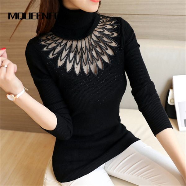

winter turtleneck women sweaters and pullovers hollow out lace slim sweater 2019 long sleeve knitted sweaters women jumpers, White;black