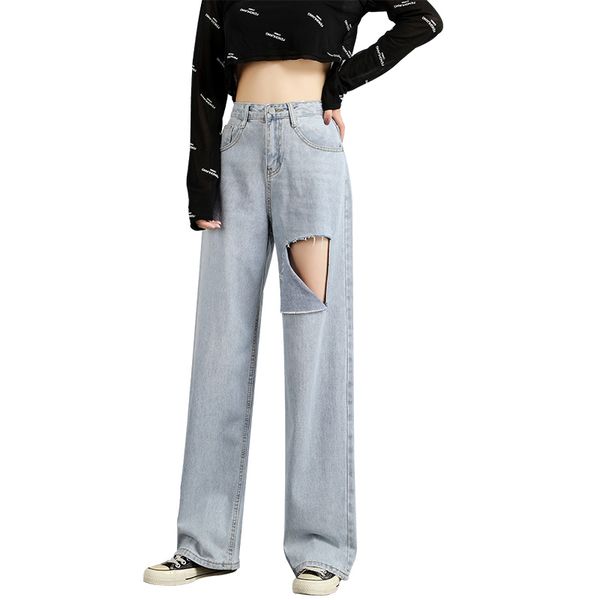 

vertical wide-leg jeans women's loose hole mopping high waist women's straight straight light blue