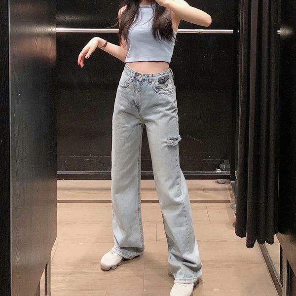 

women pants spring/summer 2020 new denim trousers fashionable casual high waist straight wide-leg jeans long pants, Blue