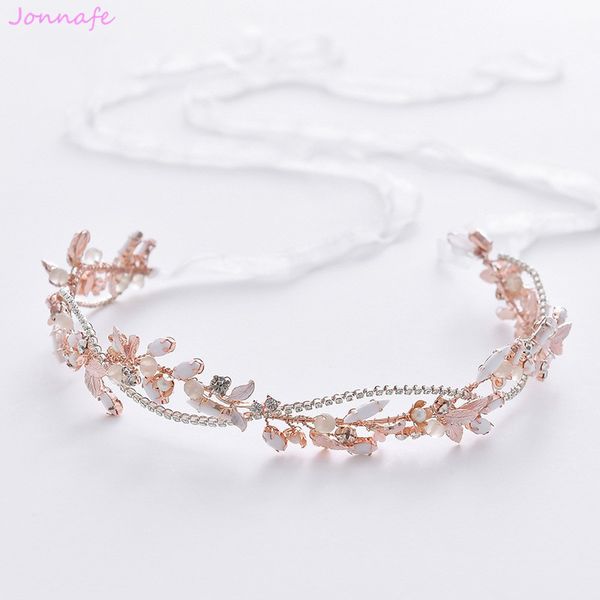 

jonnafe 2019 rose gold leaf headpiece charming wedding headband tiara bridal hair vine accessories handmade women jewelry, Golden;white