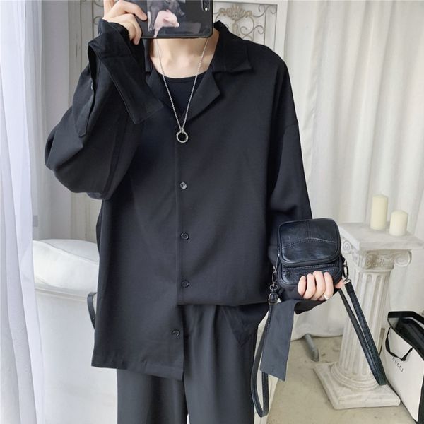 

autumn new dress shirt men's fashion solid color business casual society men shirt man streetwear wild loose long-sleeved, White;black