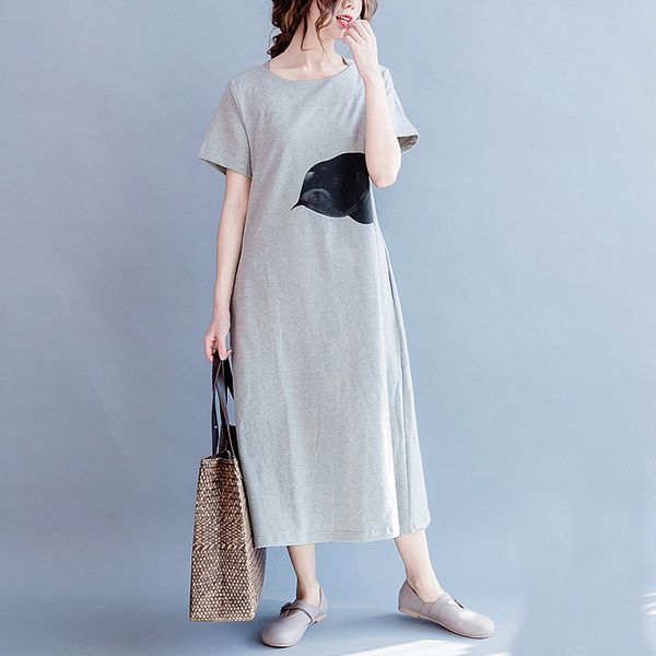 

johnature 2019 casual solid color print dress for women summer new loose slits short sleeve simple comfortable dresses, Black;gray