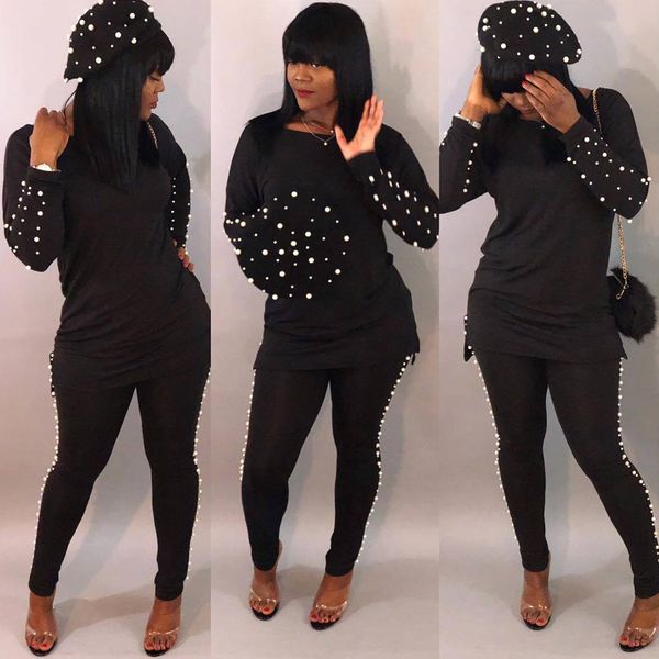 

two piece set pearl tracksuit beading sweat suit women sweatshirt 2 piece outfits sportswear pants decoration autumn street, White