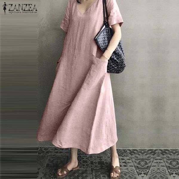 

plus size linen dress 2019 zanzea vintage women's summer sundress casual midi shirt dress solid tunic vestidos v neck robe femme, Black;gray