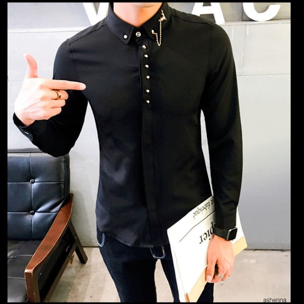 

mens designer t solid color men long sleeve slim fit leisure shirt business men's wear chaoounczhmi, White;black