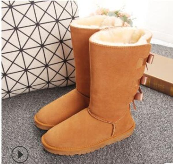 

2019 christmas new classic tall winter boots real leather bailey bowknot women's bailey bow snow boots shoes boot us5-10, Black