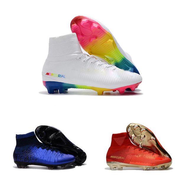 

mens soccer cleats mercurial superfly v ronalro fg indoor soccer shoes kids football boots cr7 boys neymar boots rising fast pack, Black