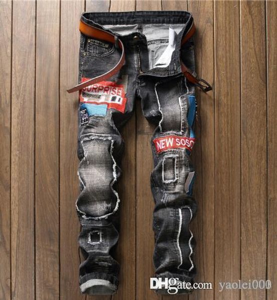 

original design new european and american style fashion man hole men's jeans fashion embroidery men's pants, Blue