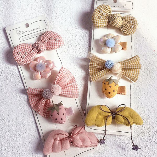 

5 pcs simple children hair pins summer strawberry small bow angel wings flowers hair clips for girl fashion accessories, Slivery;white