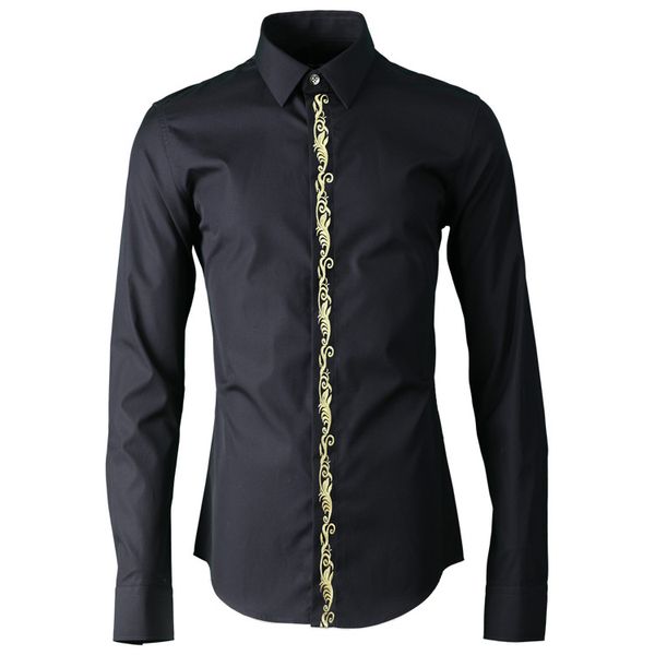 

minglu 100% cotton men shirt fashion placket embroidered with royal pattern mens dress shirt long sleeve slim fit man, White;black