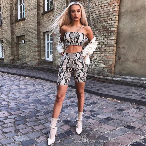 

serpentine print womens summer designer 2pcs short suits tube slim casual female clothing backless night club style tracksuits, Gray