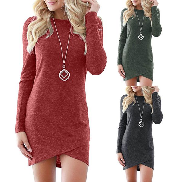 

2019 new fashion womens solid elegant stretchy dresses long sleeve o-neck shirt casual short club mini dress for female, Black;gray