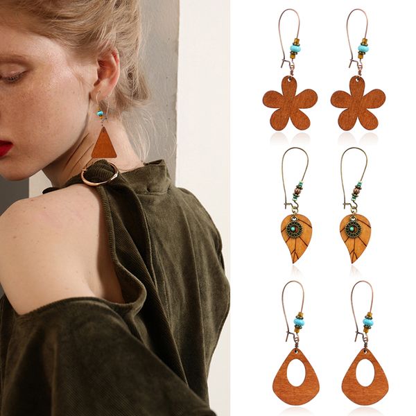 

vintage wood geometric pendant earrings flower leaf coin hollow oval drops triangle bow hanging bead earrings bohemian jewelry, Silver