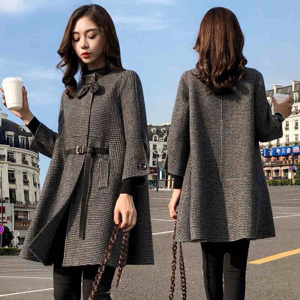 

woherb plaid coat women stand collar lace up jackets vintage trench winter outerwear korean fashion new abrigos mujer invierno, Black