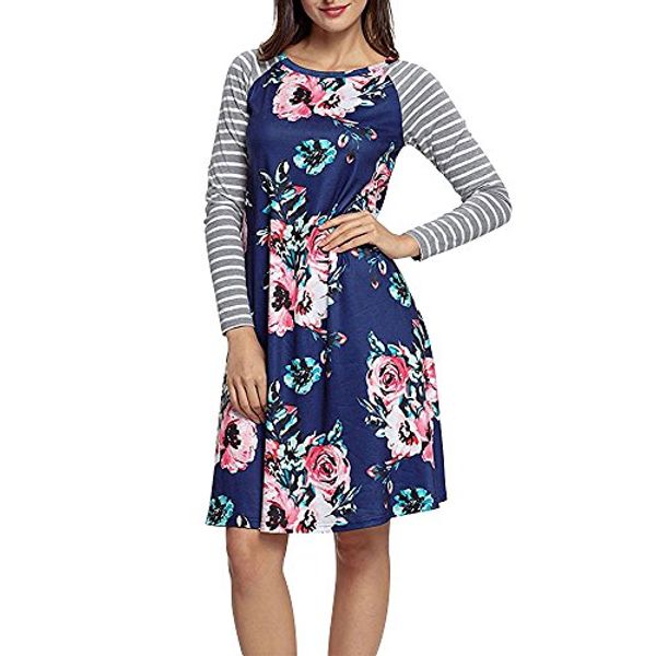 

exlura women's floral print casual long sleeve a-line loose t-shirt dresses knee length, Black;gray
