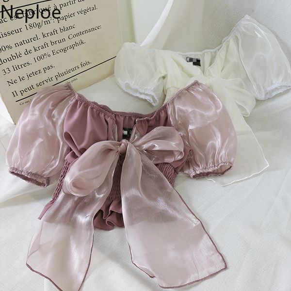 

neploe bowknot women blouse summer 2020 new o-neck puff sleeve blusa sweet solid female 44787, White