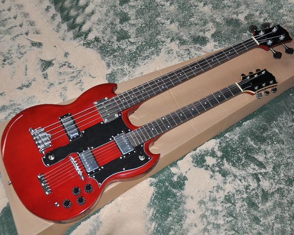

factory wholesale double necks red 4+6 strings electric bass with rosewood fingerboard,black pickguard,offering customized services