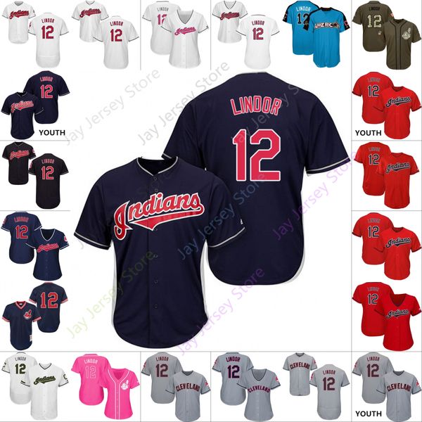 

2019 Cleveland 12 Francisco Lindor Jersey Indians Jerseys Cooperstown Cool Base Flexbase White Black Red Grey Home Away Men Women Youth