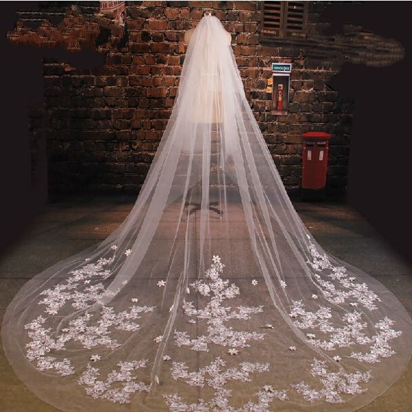 

2020 white ivory lace hand made flowers wedding veils 3m tulle bridalvoiles de mariage veil new, Black