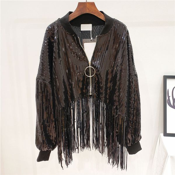 

women's jackets 2021 women coat sequins beading batwing sleeve fashion cropped baseball jacket for chaqueta mujer, Black;brown