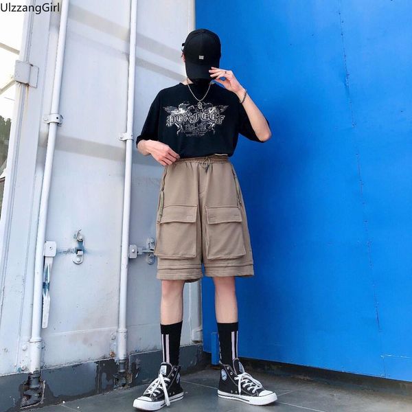 

drawstring высокая талия женщины мужчина карман свободные прямые колен широкие короткие брюки arajuku streetwear корейский хип-хоп jogger ha, Black;white