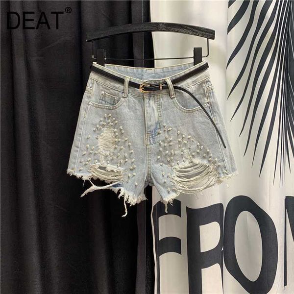 

deat 2020 beading pearl wide belt tassels vintage broken short denim pants female shorts girls wm77105l, Blue