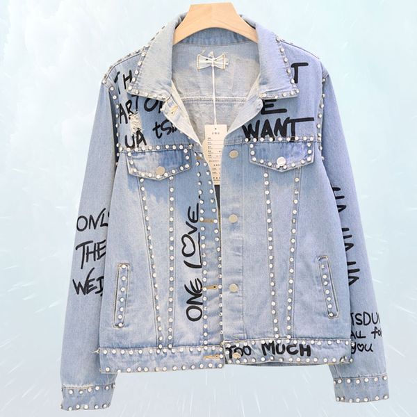 

denim coat women 2019 fashion spring letter printed jeans jacket with diamonds loose graffiti basic jacket jaqueta feminina s190, Black;brown