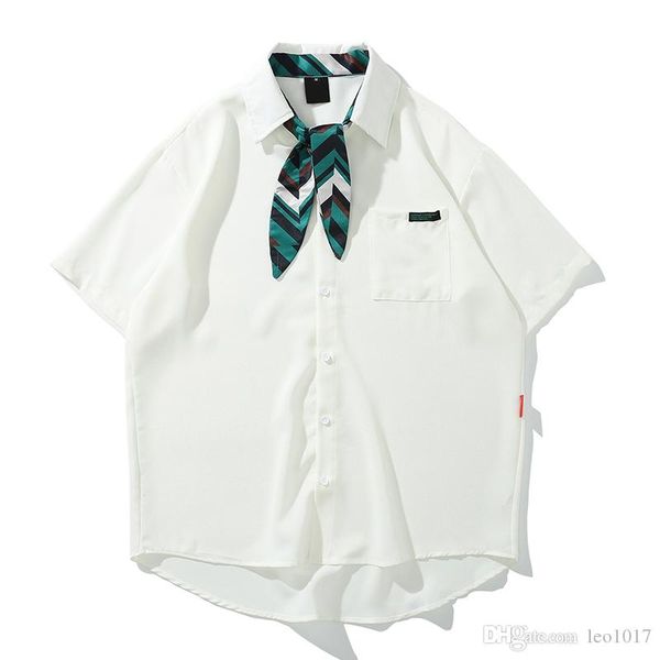 

solid color turn-down collar men's shirt with color contrast tie 2019 summer street shirts men black white