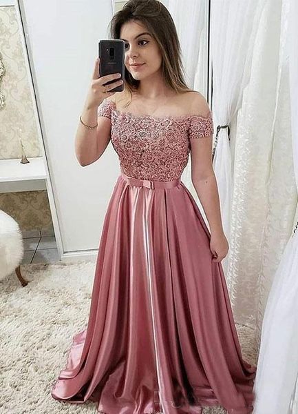 

2019 Lace Top A-Line Evening Dresess Bead Appliques Satin Long Prom Dresses Bow Sash Formal Party Gowns Plus Size Robes De Soiree