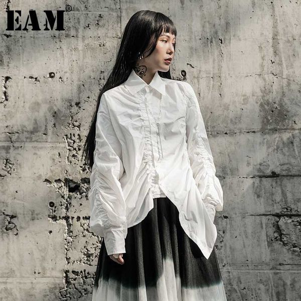 

eam] women white pleated asymmetrical big size blouse new lapel long sleeve loose fit shirt fashion spring autumn 2020 1r595