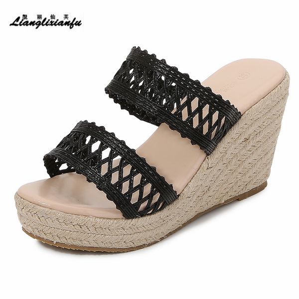 

llxf zapatos outside slipper peep toe 9cm wedges shoes woman stiletto female platforms gold sandals small yards:30 31 32 33 34, Black