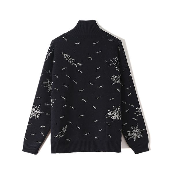 

spring 2020 new designer mysterious blues galaxy star and moon intarsia gold thread mixed color lazy silhouette turtleneck sweater s-l, White;black